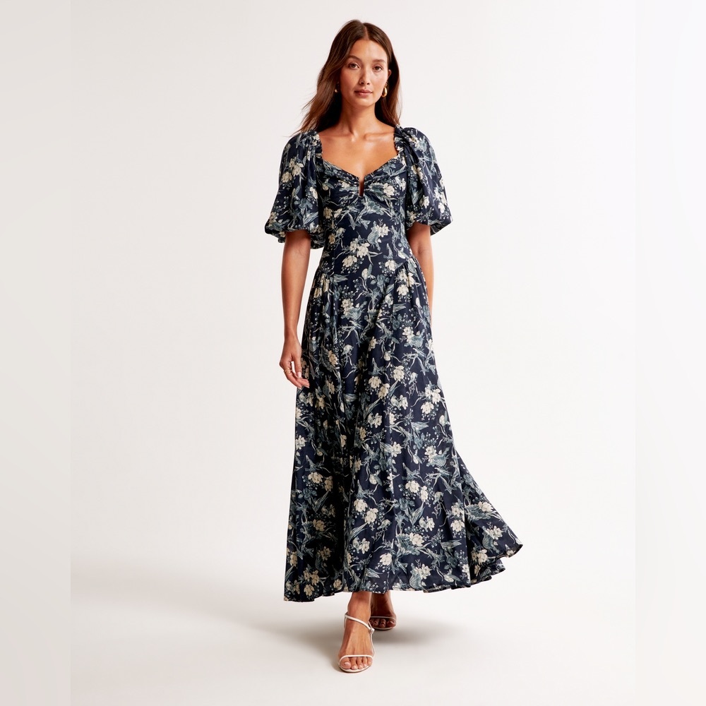 Abercrombie Hardware Drama Puff Sleeve Maxi Dress, Dark Indigo Floral, XS Petite